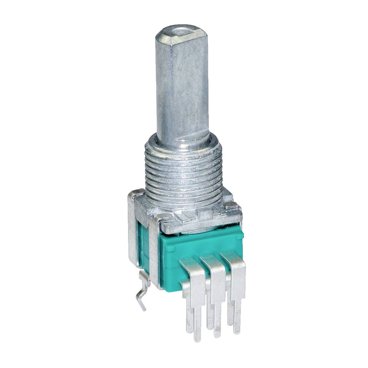 Ein Metall-Drehgeber mit einer grünen Basis und fünf silbernen Pins, die von unten herausragen, verwendet für elektronische Eingabegeräte.