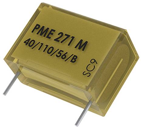 Eine gelbe rechteckige elektronische Komponente mit der Beschriftung 'PME 271 M 40/110/56/B' und zwei Metallanschlüssen.