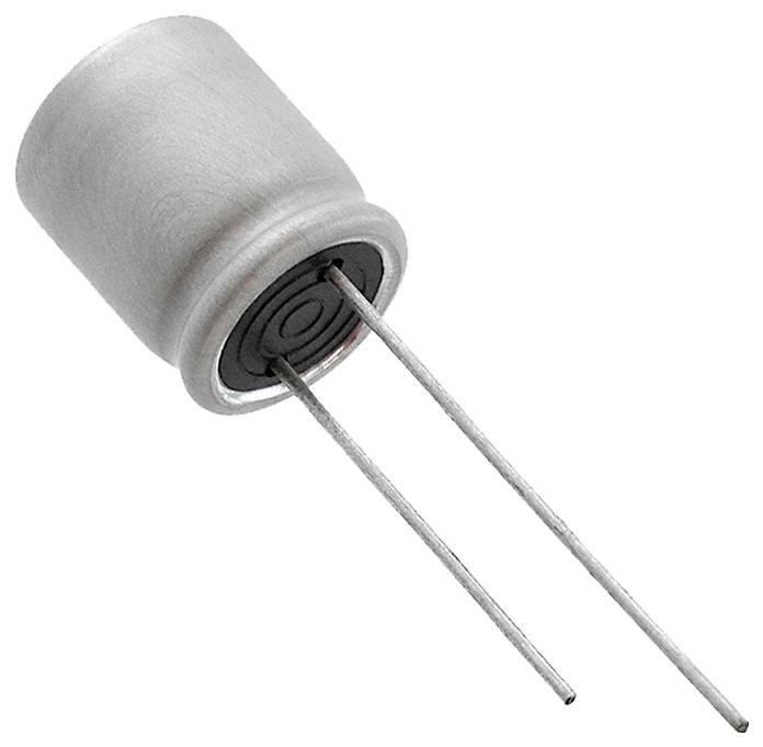 Ein zylindrischer Elektrolytkondensator aus Metall mit zwei langen, geraden Drahtanschlüssen, die von unten herausragen.
