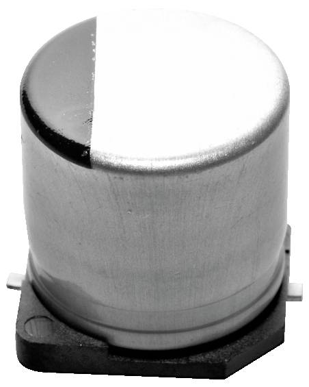 Eine metallische, zylindrische elektronische Komponente mit einem teilweise schwarzen Oberteil, montiert auf einer kleinen schwarzen Basis.