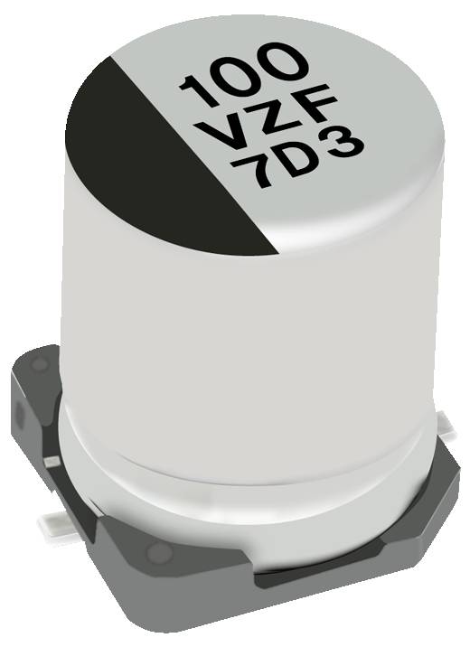 Kondensator mit der Bezeichnung 100 VZF 7D3 weist einen zylindrischen Körper mit zwei Metallanschlüssen an der Basis auf. Wird für elektronische Schaltungsanwendungen verwendet.