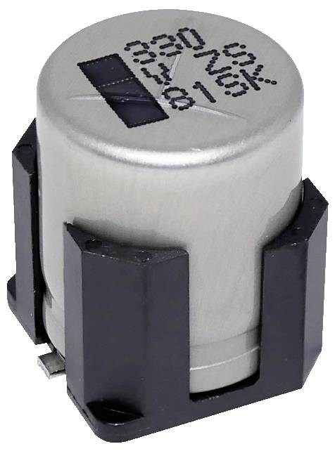 Eine zylindrische elektronische Komponente in einem schwarzen Kunststoffhalter, möglicherweise ein Kondensator, mit gedruckten alphanumerischen Markierungen auf der Oberseite.