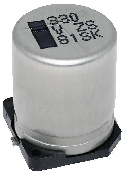 Eine silberne zylindrische elektronische Komponente mit der Aufschrift 