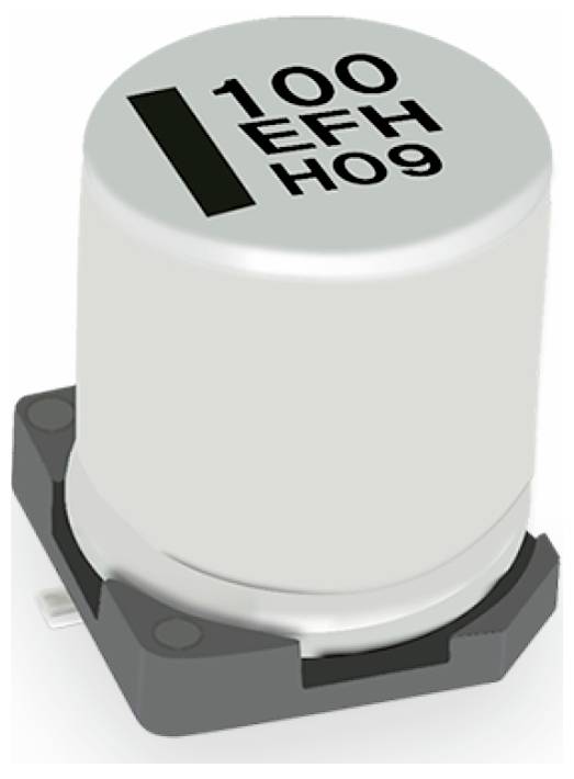 Ein zylindrischer elektronischer Kondensator mit der Beschriftung '100 EFH H09' ist auf einer quadratischen Basis mit zwei Metallstiften am Boden platziert.