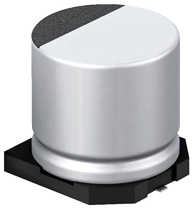 Ein zylindrischer Silber-Metallknopf auf einer schwarzen quadratischen Basis, möglicherweise ein Drehschalter oder Encoder-Bauteil, das in elektronischen Geräten verwendet wird.