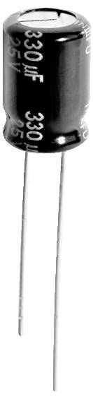 Ein zylindrischer schwarzer Kondensator, beschriftet mit '330μF 25V', mit zwei Metallführungen, die von seiner Basis abstehen.
