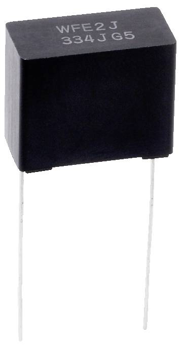 Eine schwarze rechteckige Kondensatorbox mit zwei nach unten ragenden Metallkontakten, auf deren Oberfläche 