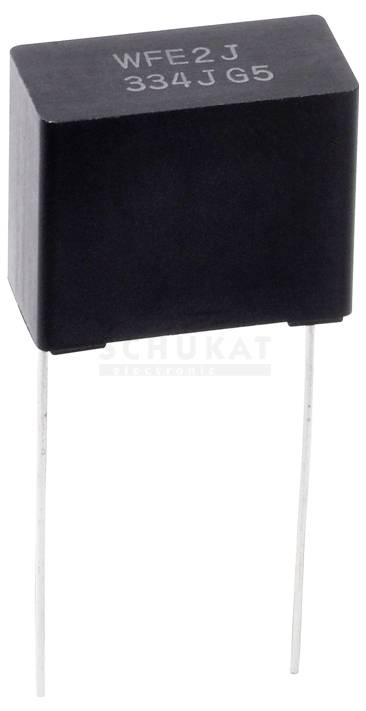 Eine schwarze rechteckige elektronische Komponente mit zwei nach unten ragenden Metallanschlüssen, beschriftet mit „WFE2J 334JG5