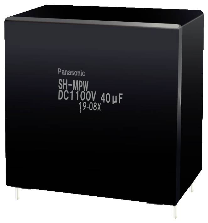 Ein schwarzer Panasonic-Kondensator mit der Beschriftung 'SH-MPW DC1100V 40µF 19-08X' mit zwei Metallaneschlüssen für elektronische Schaltkreise.