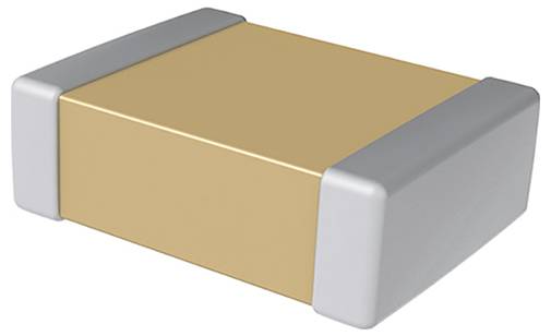 Eine rechteckige elektronische Komponente mit goldfarbenem Gehäuse und silbernen Enden, möglicherweise ein Kondensator oder Widerstand, aus einem schrägen Blickwinkel betrachtet.