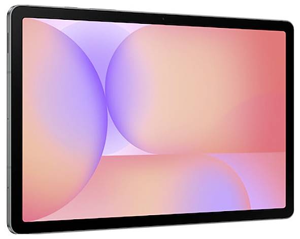 Ein Tablet mit einem eleganten, modernen Design, das ein farbenfrohes abstraktes Muster in pastellfarbenen Tönen von Rosa, Lila und Orange zeigt.