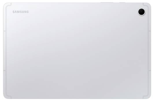 Ein weißes Samsung-Tablet, von hinten betrachtet, mit der Kamera in der oberen rechten Ecke und dem Samsung-Logo oben links.