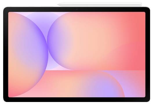 Eine Tablette mit einem Stylus, die einen farbenfrohen Gradientenhintergrund mit sich überlappenden rosa und lila Kugeln zeigt.