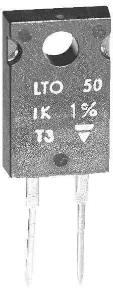 Ein rechteckiger elektronischer Widerstand mit zwei Metallstiften, auf der Vorderseite mit den Beschriftungen 'LTO 50', '1K' und '1%' versehen.