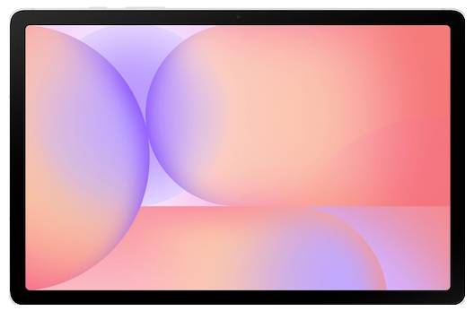 Ein Tablet mit einem lebendigen abstrakten Hintergrund aus sich überlappenden Kreisen in Schattierungen von Orange, Pink und Lila.