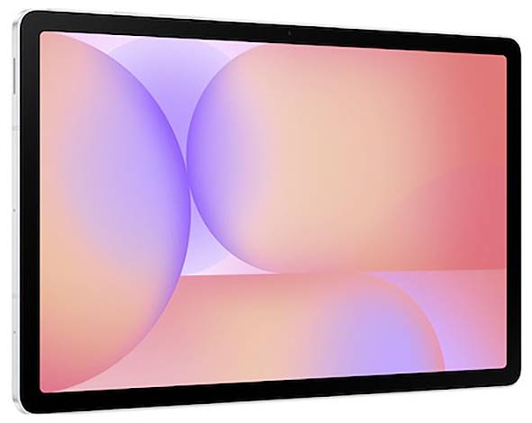 Ein Tablet mit einem farbenfrohen Bildschirm, der abstrakte kreisförmige Designs in pastellrosa und -lila Tönen zeigt.