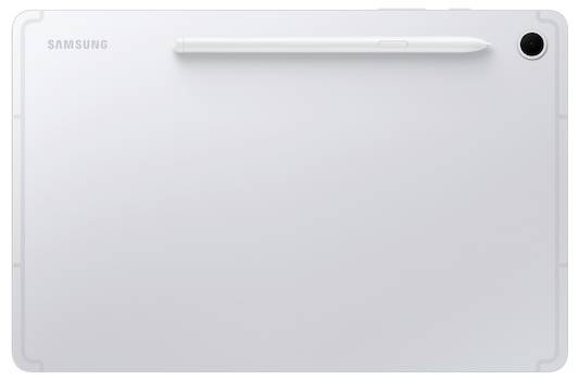 Ein weißes Samsung-Tablet mit einem Stylus, horizontal an der Spitze platziert, von hinten betrachtet.
