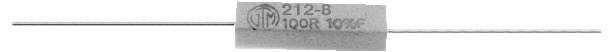Eine kleine zylindrische elektronische Komponente mit dünnen Drahtanschlüssen, gekennzeichnet mit '212-8' und '100R 10W'.