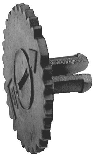 Runde Metallklinge mit scharfen, gezackten Kanten und zwei hervorstehenden Stäben an der Rückseite, höchstwahrscheinlich ein rotierendes Schneidwerkzeug.