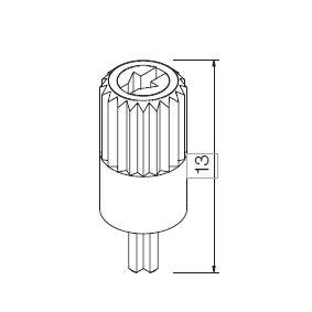 Technische Zeichnung einer Zahnradkomponente mit einer Höhe von 13 Einheiten, mit einem gezahnten zylindrischen oberen Abschnitt und einem gerillten unteren Abschnitt.