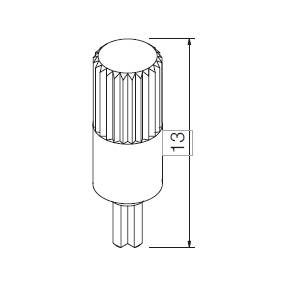 Technische Zeichnung eines zylindrischen Zahnrads mit detaillierter Draufsicht. Die Zahnradhöhe ist mit 13 Einheiten gekennzeichnet und weist vertikale Pfeile auf.