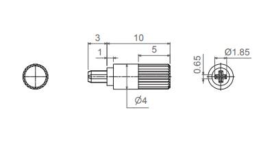 Technische Zeichnung eines zylindrischen Objekts mit spezifischen Abmessungen: Durchmesser 4 mm, Länge 10 mm und kleinere Abschnitte im Inneren.