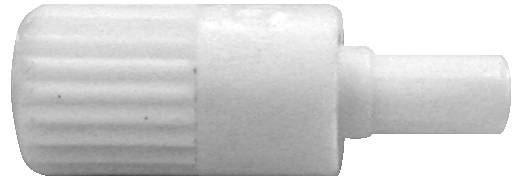 Ein weißer, gerippter, zylindrischer Plastikdeckel mit einer kleineren hervorstehenden Düse, der wahrscheinlich zum Ausgießen von Flüssigkeiten oder Cremes aus einem Behälter verwendet wird.