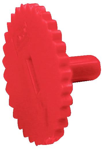 Ein rotes, rundes, zahnradähnliches Objekt mit einem zylindrischen Griff, der an einer Seite hervorsteht und in einem Winkel positioniert ist, vor einem weißen Hintergrund.