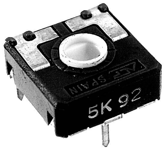 Eine kleine elektronische Komponente mit der Markierung '5K 92', höchstwahrscheinlich ein Potentiometer oder Schalter, mit einem kreisförmigen Drehrad und drei Metallstiften zur Schaltungsverbindung.