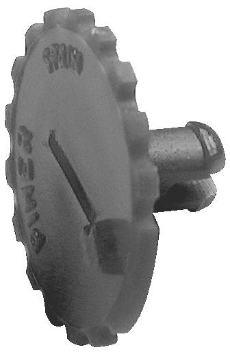 Ein runder Drehschalter-Knopf mit einer eingetieften Linie zum Greifen, ausgestattet mit zahnradartigen Kanten und gravierten Schriftzeichen, die wahrscheinlich Einstellungen anzeigen.