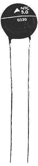 Eine schwarze scheibenförmige Thermistorsonde, beschriftet mit 'NTC 5.0', mit zwei langen Metallführungen, die nach unten ragen.