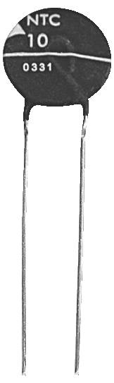 Eine schwarze scheibenförmige NTC-Thermistor mit der Beschriftung '10 0331', versehen mit zwei langen Metallanschlüssen für elektrische Verbindungen.