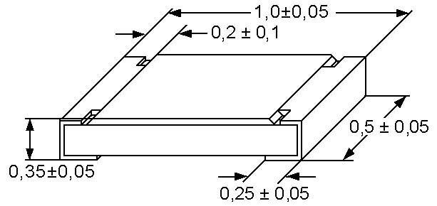 Technisches Zeichnungsdiagramm eines rechteckigen Bauteils mit Abmessungen: 1,0, 0,2, 0,35, 0,25, 0,5, mit jeweiligen Toleranzen, alle in Millimetern.