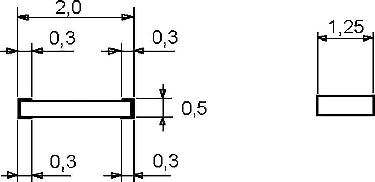 Technisches Diagramm mit zwei rechteckigen Formen und beschrifteten Abmessungen. Die linke Form ist 2,0 mal 0,5 mit 0,3 Abstand; rechts ist 1,25 breit.