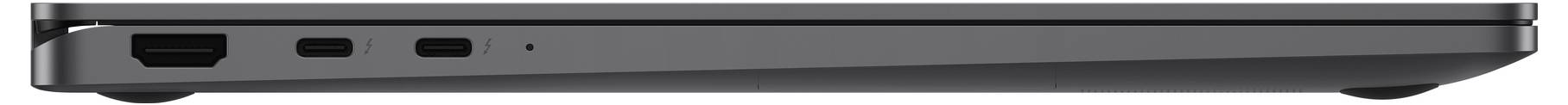Seitenansicht eines geschlossenen schwarzen Laptops mit sichtbaren Anschlüssen und leicht angehobenem Hinterende.