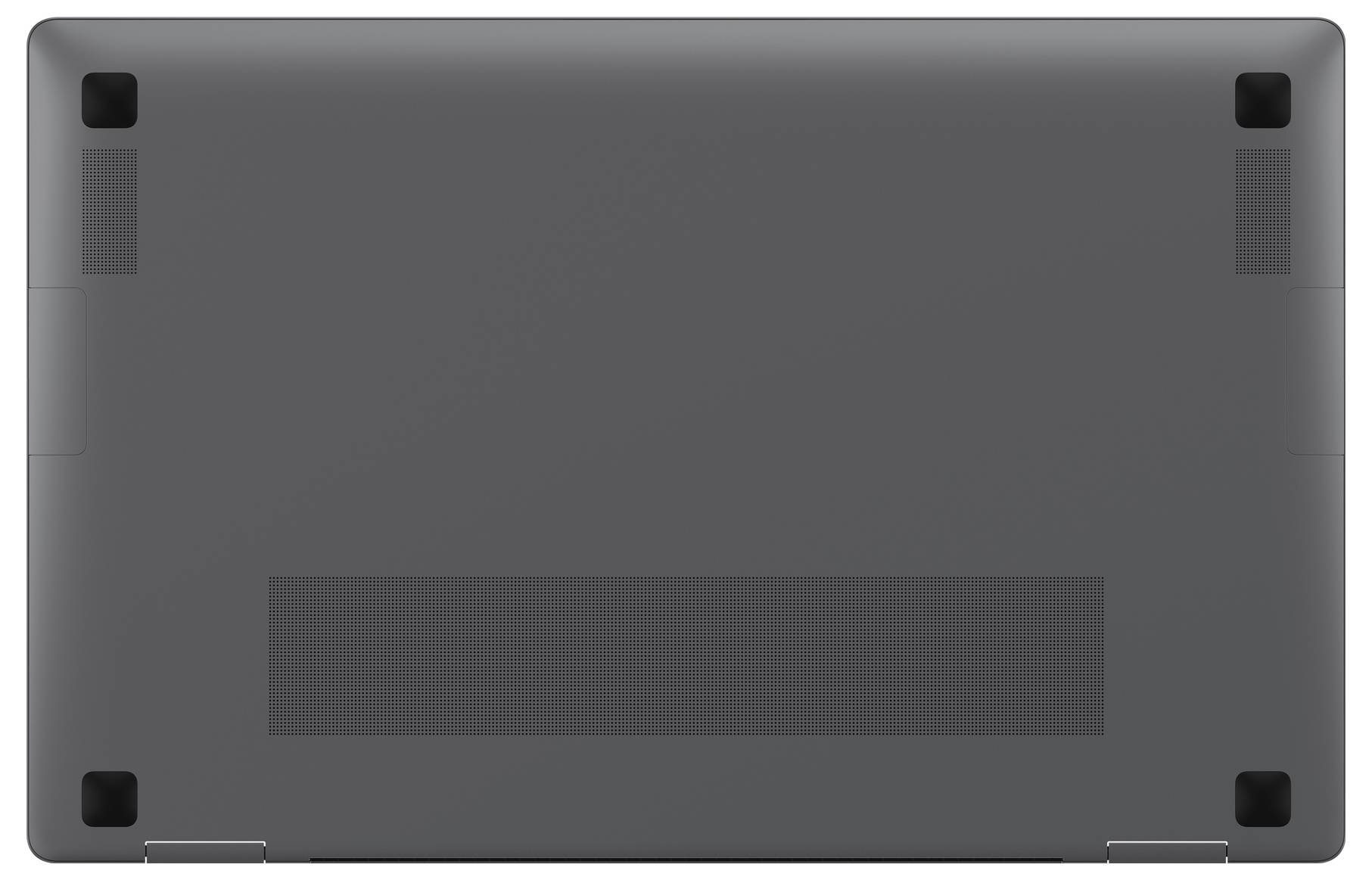 Das Bild zeigt die Unterseite eines geschlossenen Laptops mit vier Gummifüßen, Lüftungsgittern und Scharnierbereichen, was auf ein tragbares Design hindeutet.