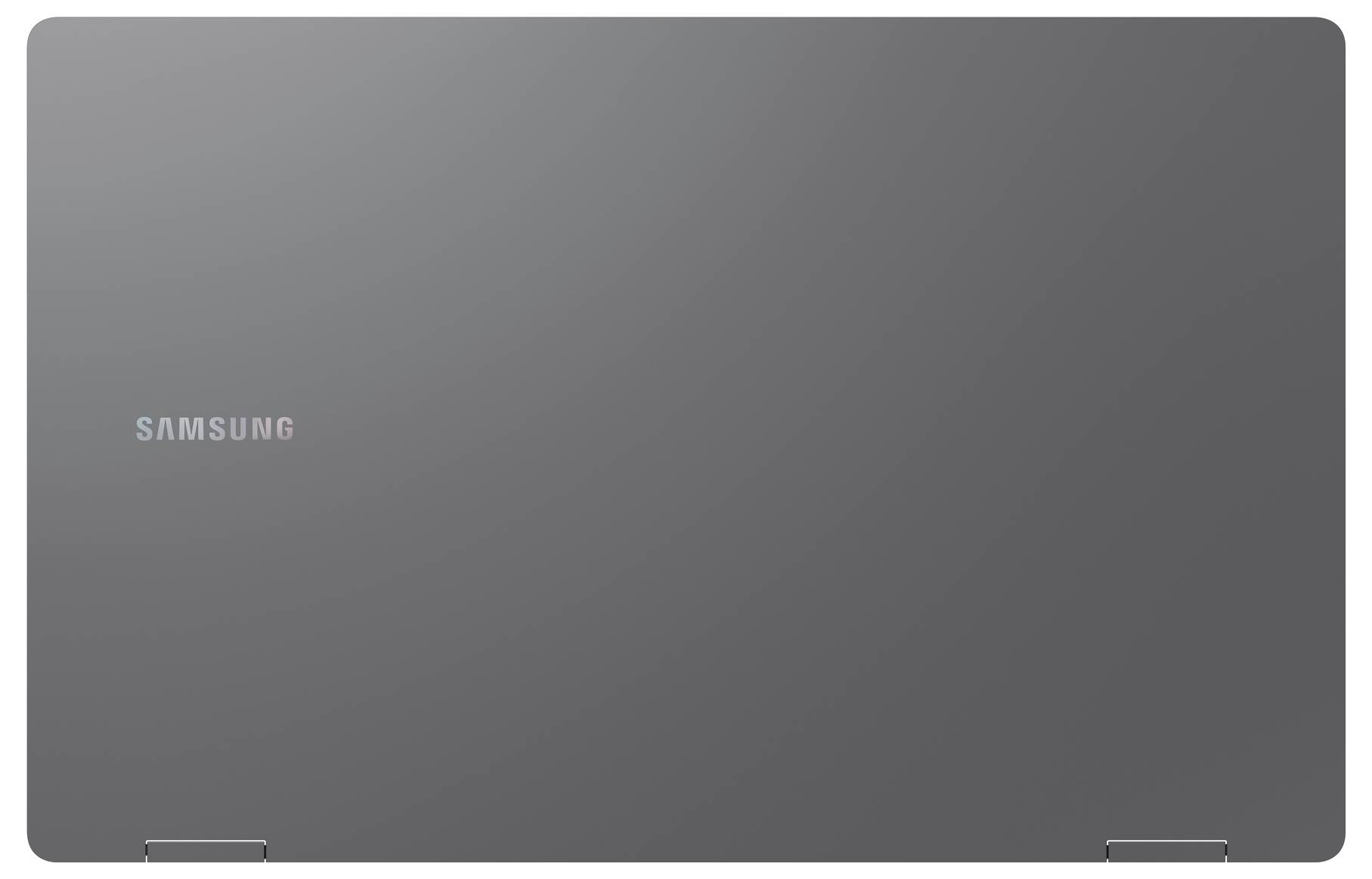 Ein geschlossener grauer Laptop mit einem SAMSUNG-Logo in der oberen linken Ecke, von oben betrachtet.