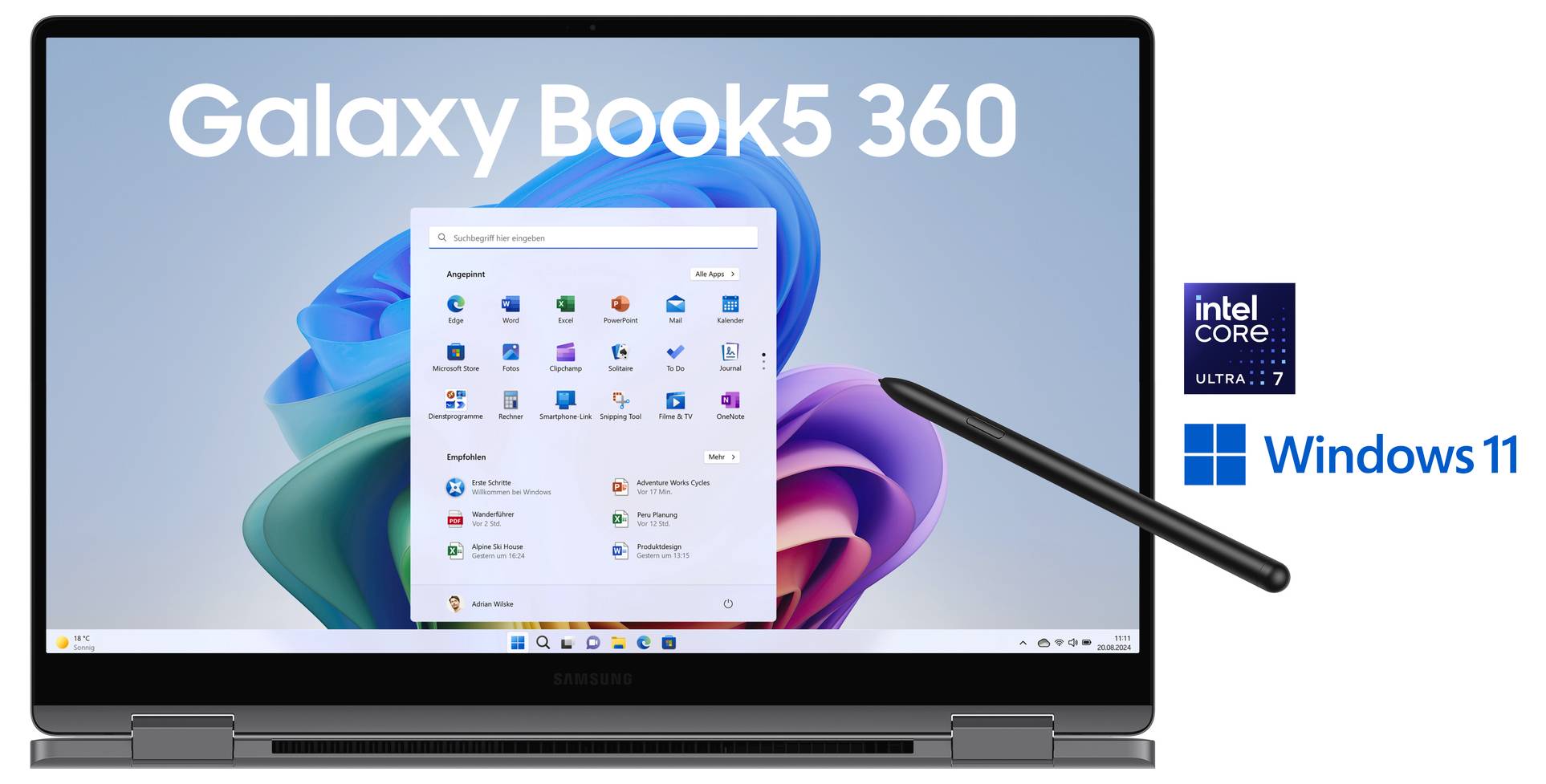 Ein Laptop mit 'Galaxy Book5 360' auf dem Bildschirm, der das Windows 11 Startmenü zeigt. Ein Intel Core i7 und Windows 11 Logo befinden sich daneben.