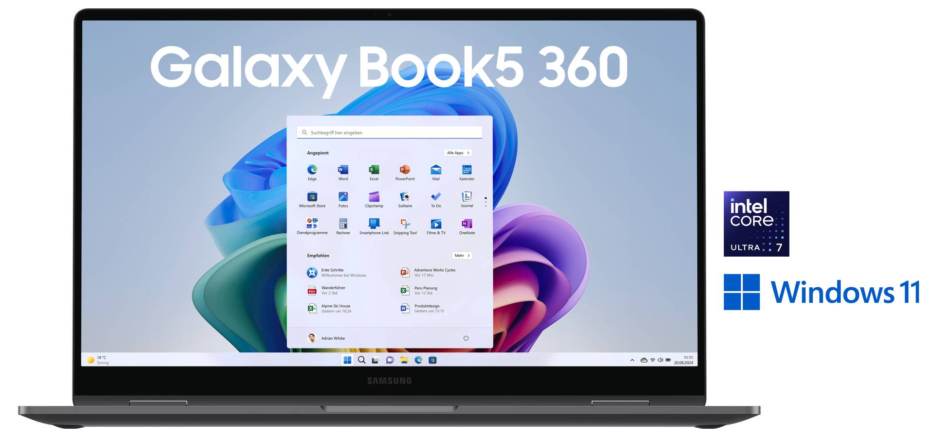 Ein Laptop-Bildschirm, der die Windows 11-Benutzeroberfläche zeigt. Der Text lautet „Galaxy Book3 360