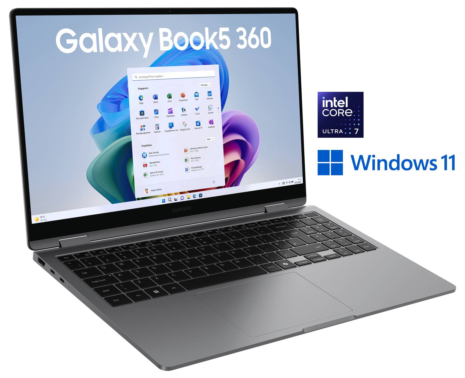 Ein Laptop mit einem Windows 11-Bildschirm, auf dem oben 'Galaxy Book3 360' steht. Logos für Intel Core i7 und Windows 11 sind daneben zu sehen.