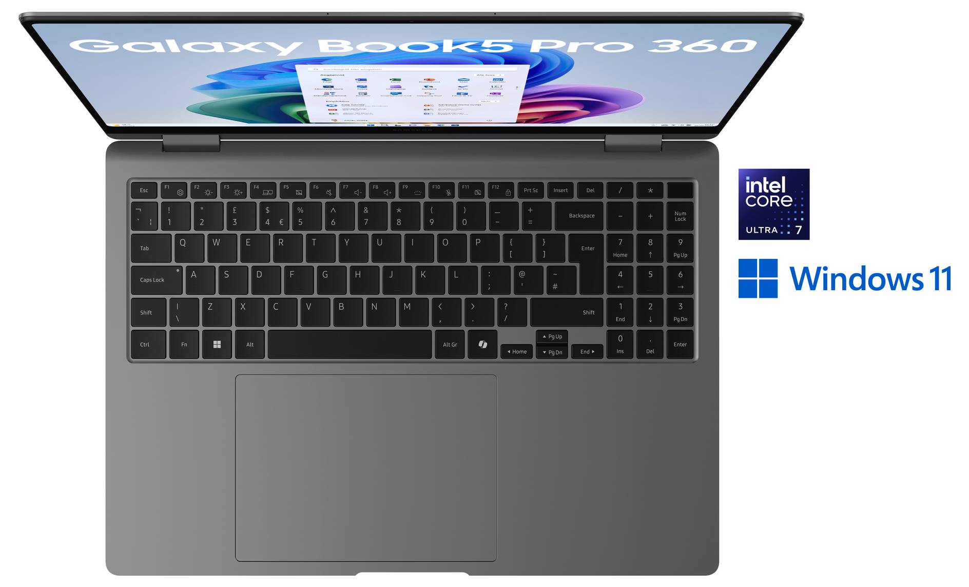 Das Bild zeigt einen offenen Galaxy Book3 Pro 360 Laptop mit einer sichtbaren Tastatur und einem Bildschirm, auf dem App-Symbole zu sehen sind. Er verfügt über einen Intel Core Ultra 7 und läuft mit Windows 11.