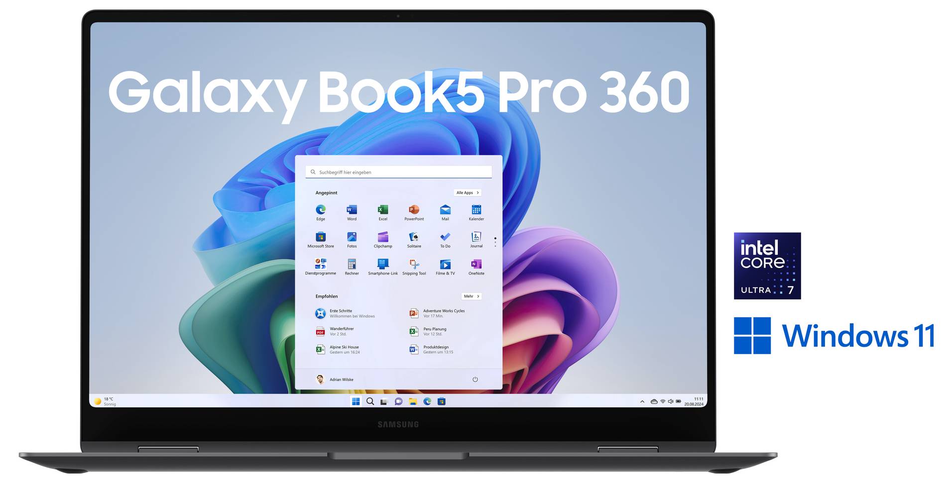 Samsung Galaxy Book5 Pro 360 Laptop wird mit 'Windows 11' Bildschirm gezeigt. Text zeigt 'Galaxy Book5 Pro 360'. Intel- und Windows 11-Logos sind sichtbar.