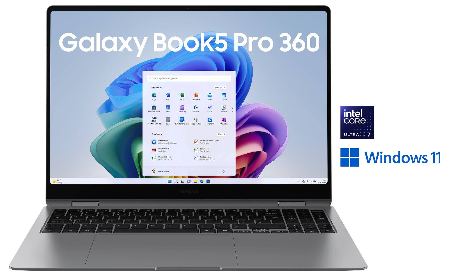 Ein Samsung Galaxy Book3 Pro 360 Laptop, auf dessen Bildschirm das Windows 11 Startmenü angezeigt wird. Logos für Intel Core i7 und Windows 11 befinden sich daneben.