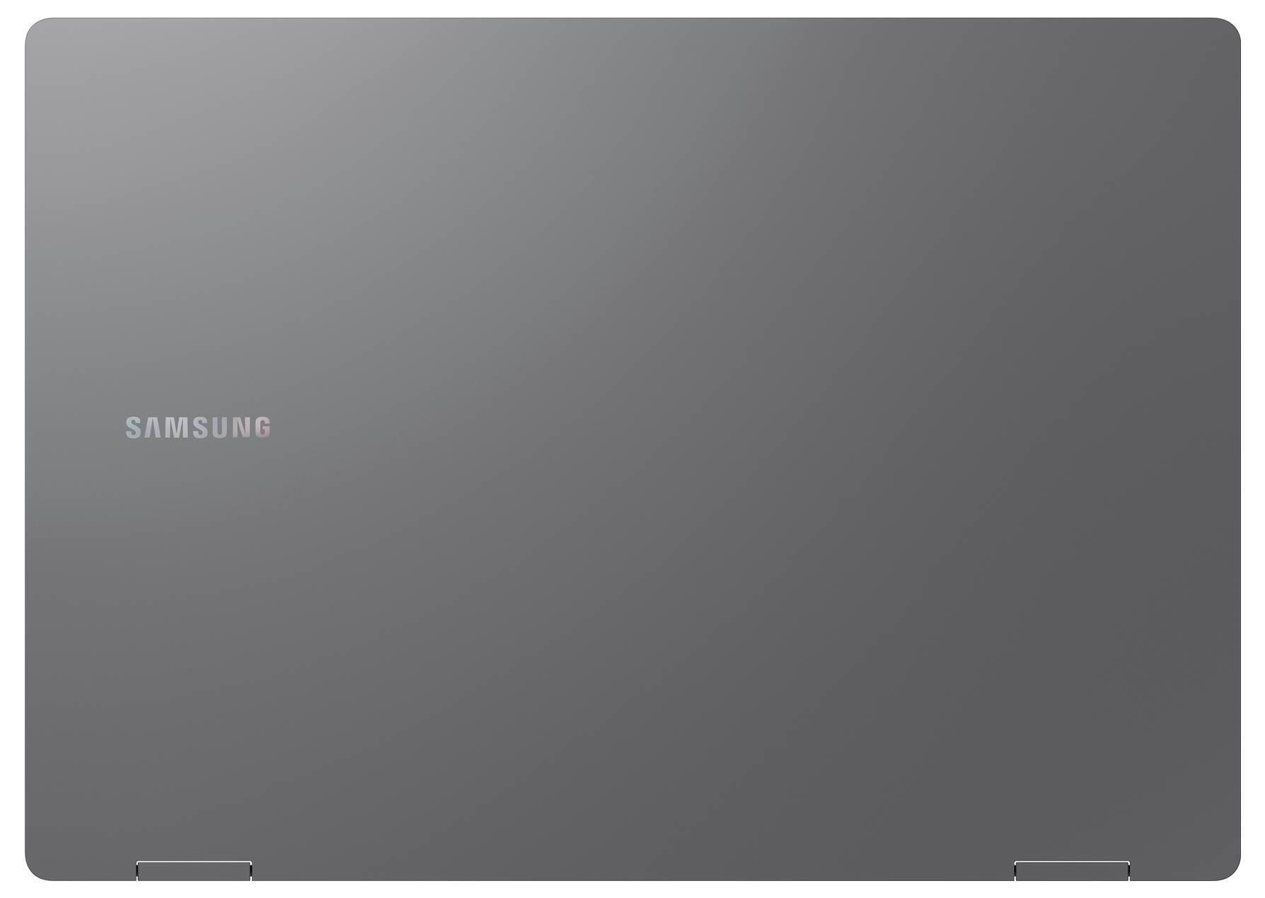 Ein geschlossener Samsung-Laptop in elegantem Grau, auf dessen Deckel das Markenlogo zu sehen ist.
