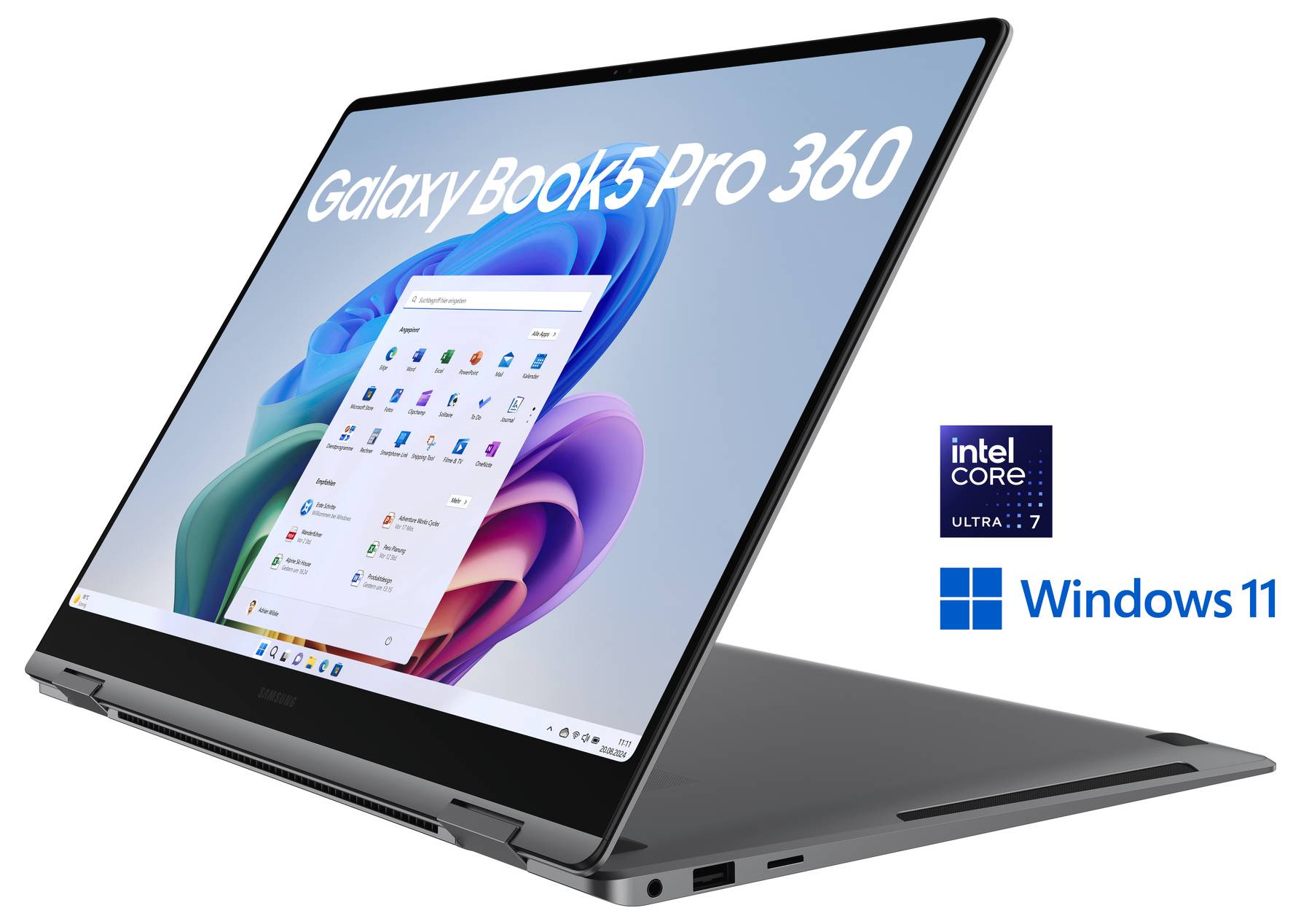 Ein schlankes, geöffnetes Laptop, das den Windows 11 Startbildschirm zeigt, mit der Bezeichnung 'Galaxy Book3 Pro 360', mit Intel Core i7 und Windows-Logos.