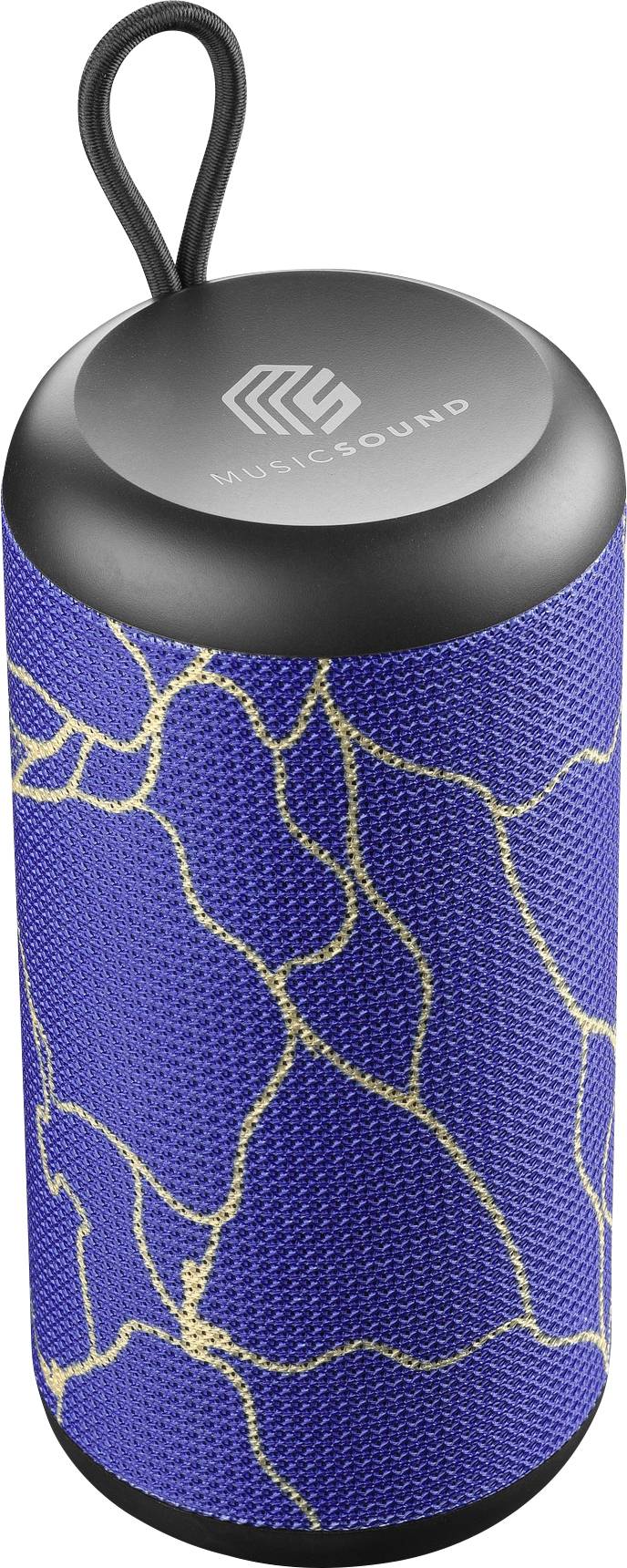 Tragbarer blauer Bluetooth-Lautsprecher mit goldenem abstraktem Muster und einer Schlaufe zum Tragen oben. Logo und die Wörter „Music Sound