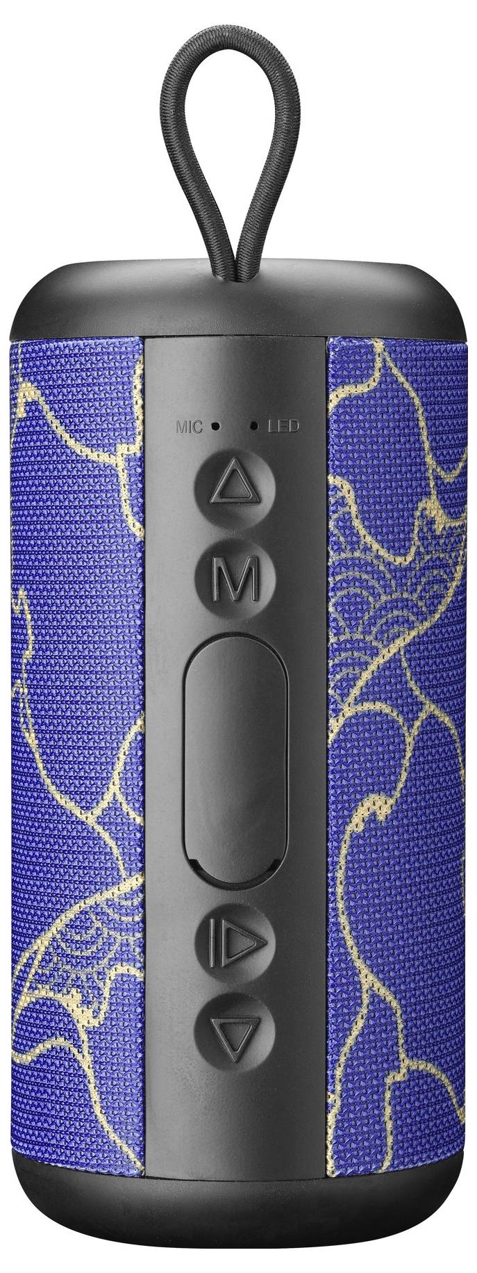 Ein tragbarer Lautsprecher mit blauem Stoffbezug und goldenen Akzenten, ausgestattet mit Lautstärke- und Wiedergabetasten sowie einer Schlaufenöse auf der Oberseite.