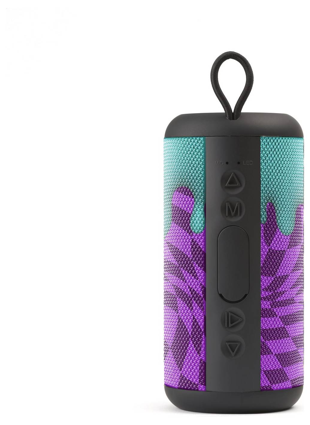 Tragbarer Lautsprecher mit buntem, abstraktem Design und Bedientasten an der Vorderseite, mit einer Schleifenöse oben.