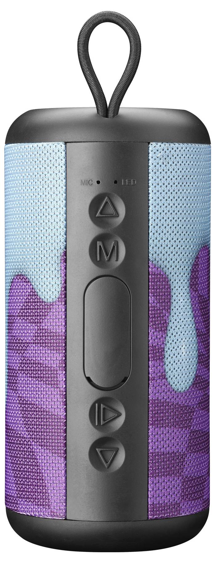 Tragbarer Bluetooth-Lautsprecher mit farbenfrohem Design, mit blauen und violetten Mustern und Bedienungstasten an der Vorderseite.