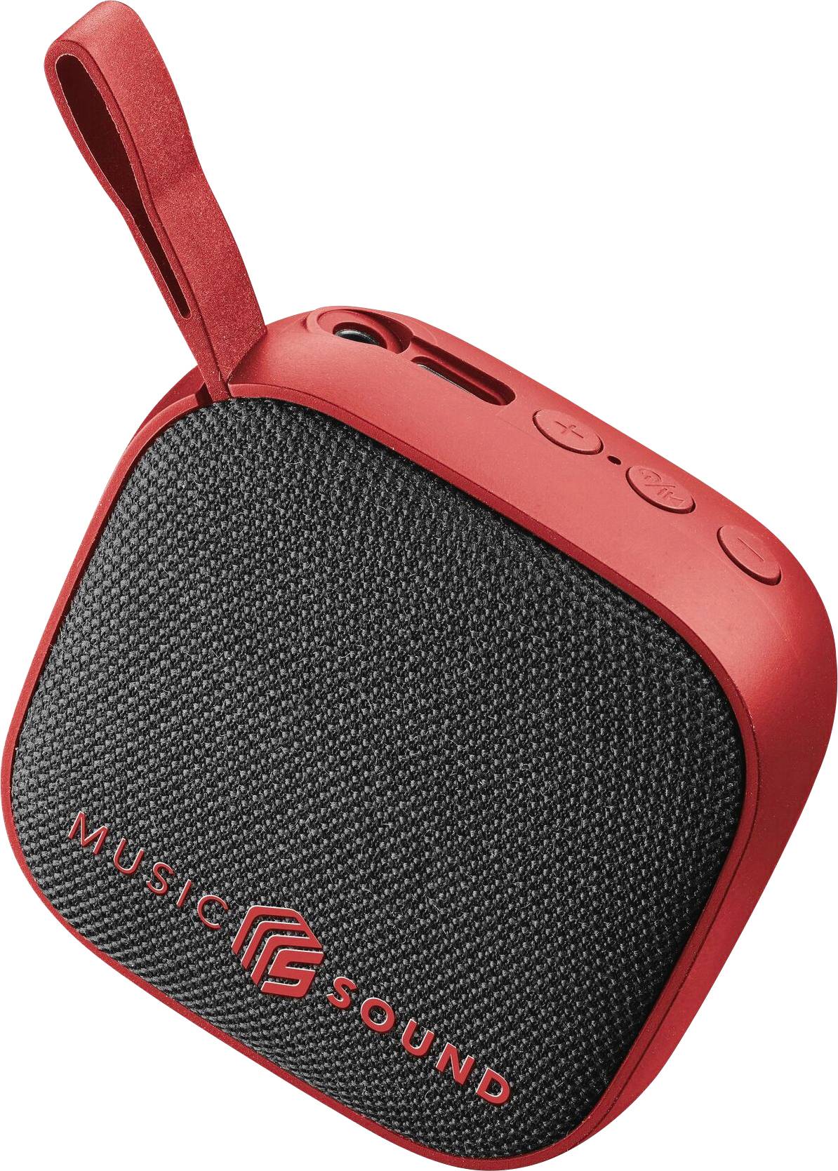 Tragbarer rot-schwarzer Bluetooth-Lautsprecher mit Handschlaufe, zeigt das Logo „Sound